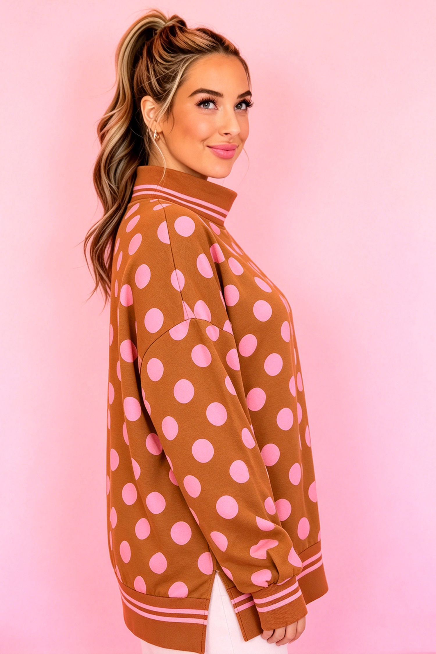 Women's Mock Neck Sweatshirt, Brown Polka Dot Casual Wear - Detail View 3