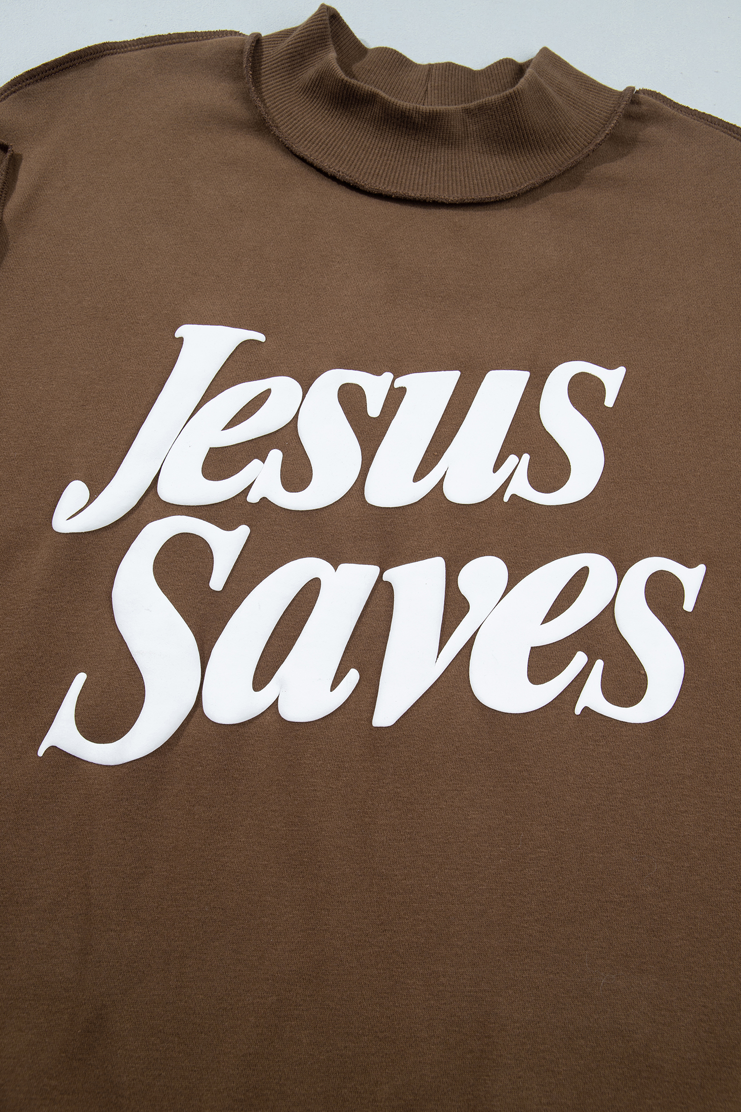 Women's Jesus Saves Sweatshirt, Casual Dark Brown Mock Neck - Detail View 7