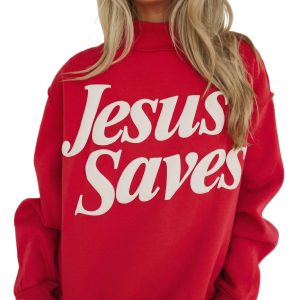Fiery Red Jesus Saves Sweatshirt, Casual Women Stand Neck - Main View
