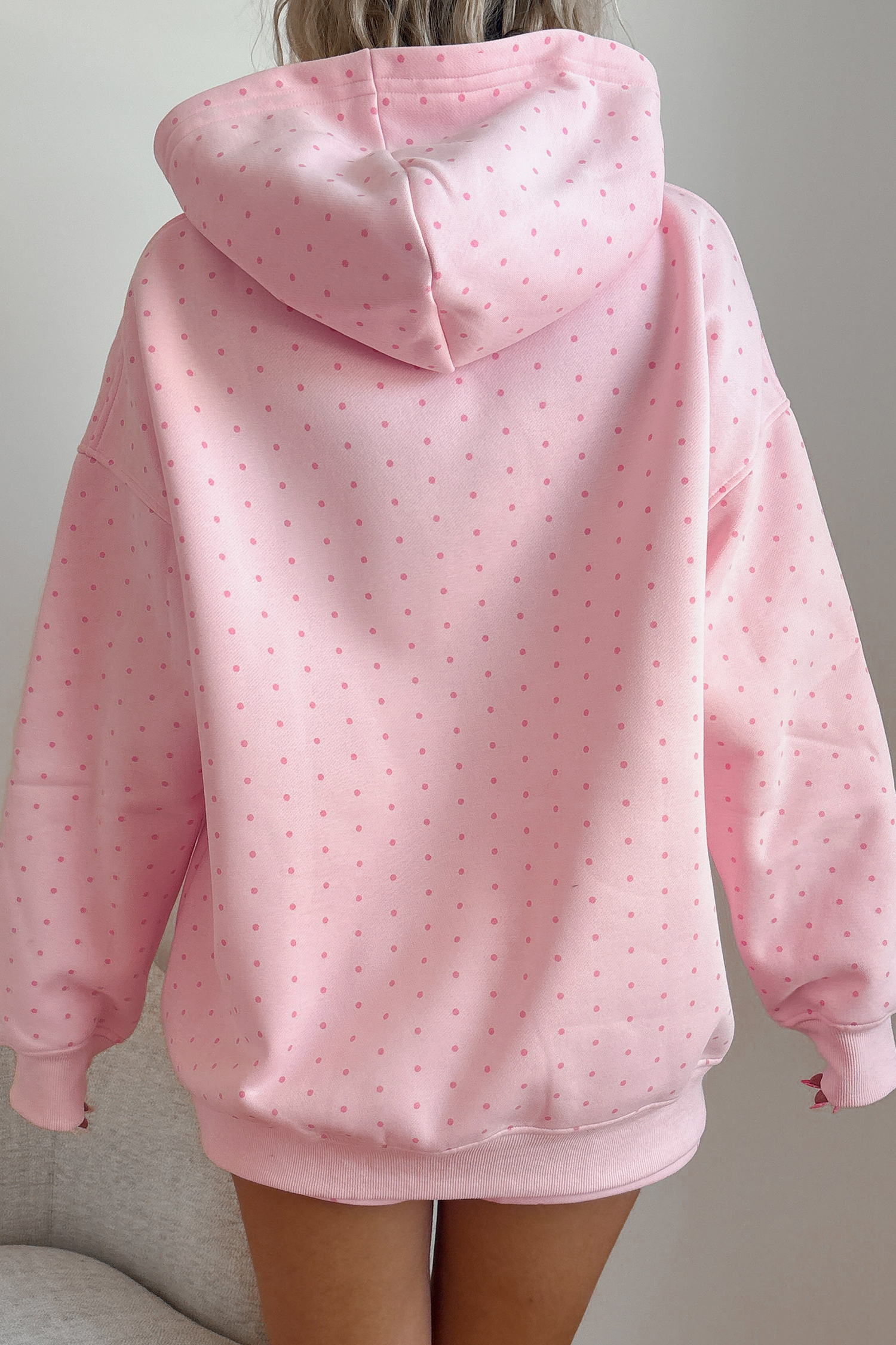 Pink Polka Dot Oversized Hoodie Set, Trendy Women Lounge - Detail View 2