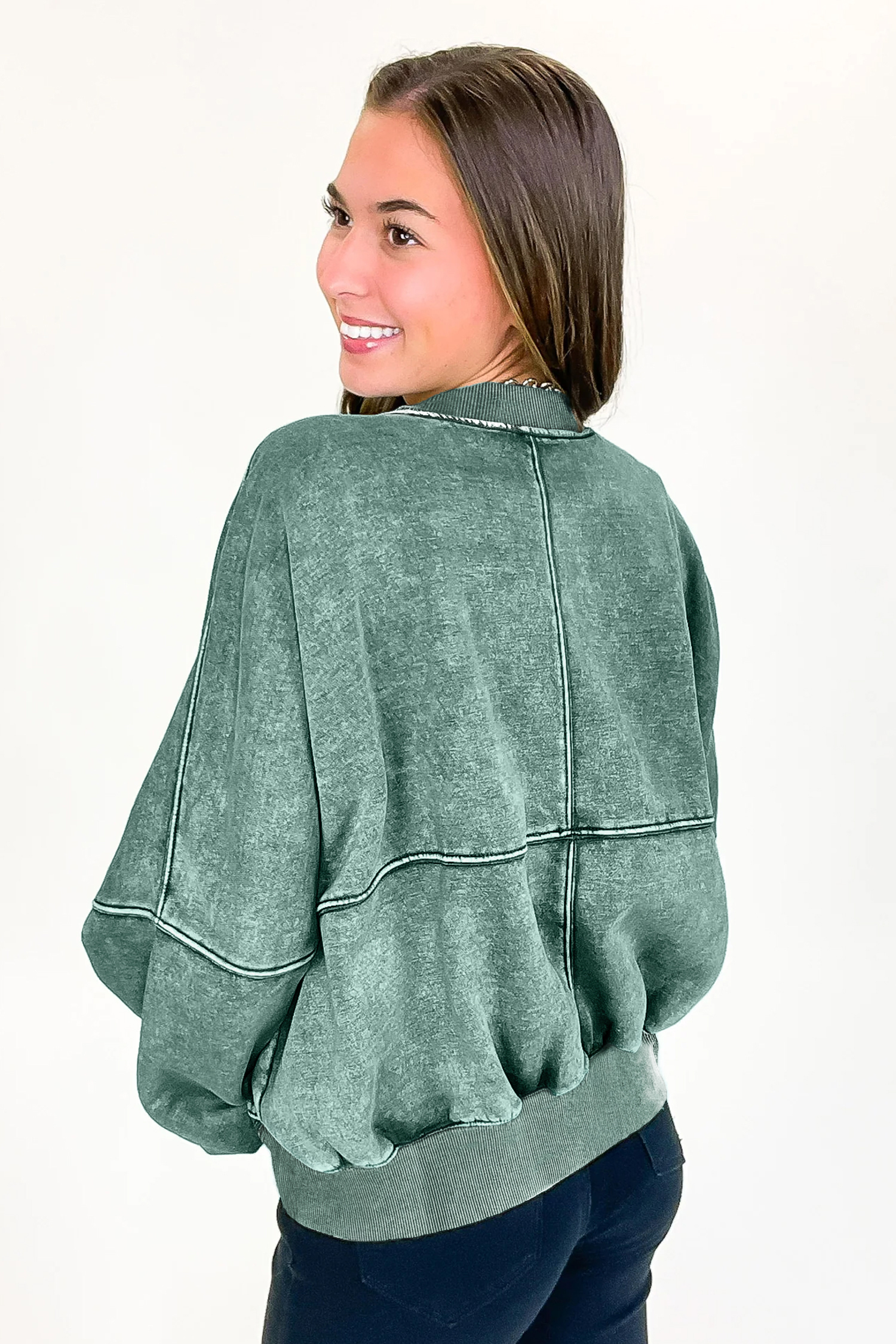 Mineral Wash Bomber Jacket, Trendy Women's Fall Sweatshirt - Detail View 2