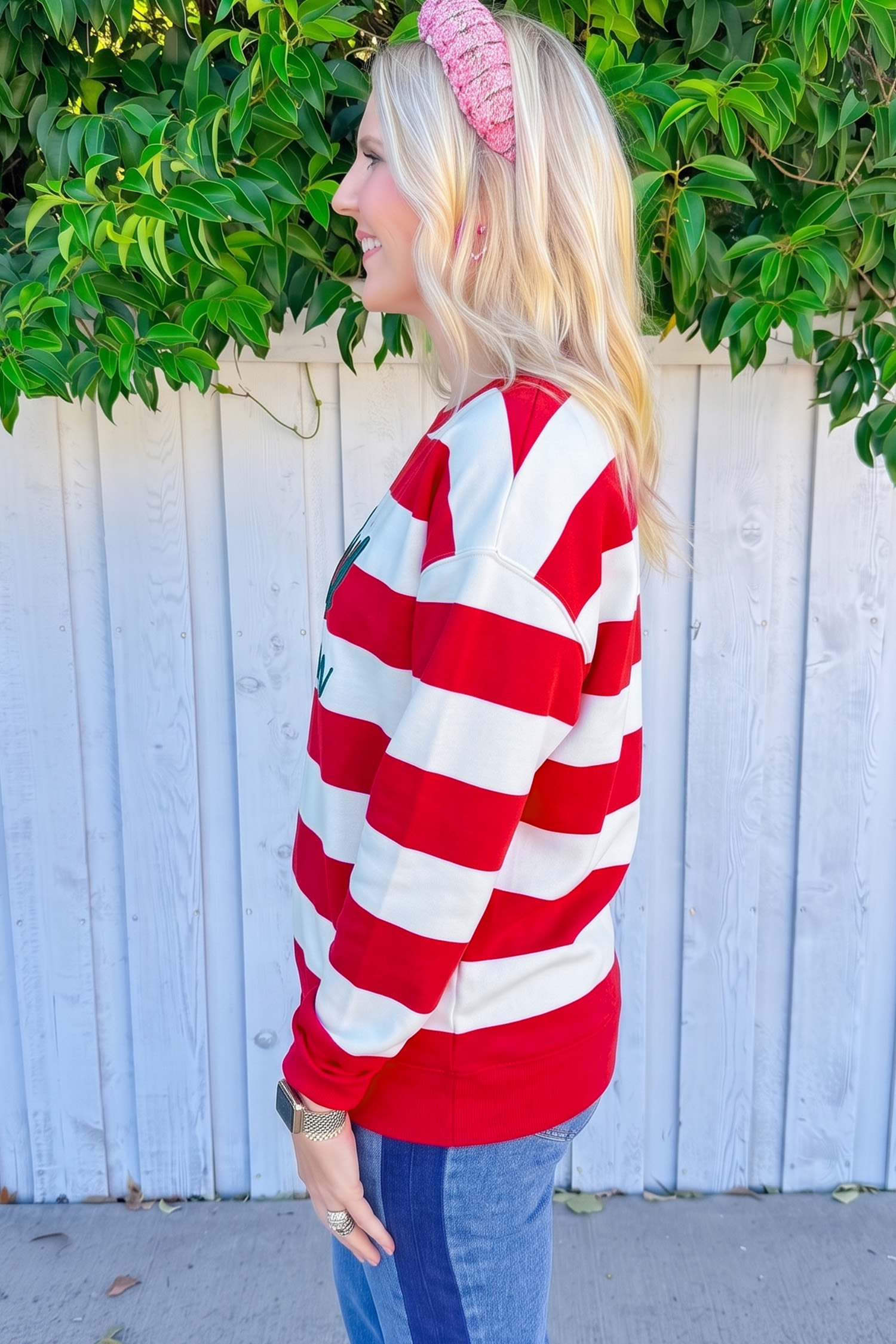 Women's Round Neck Embroidered Sweatshirt, Striped Knit - Detail View 3