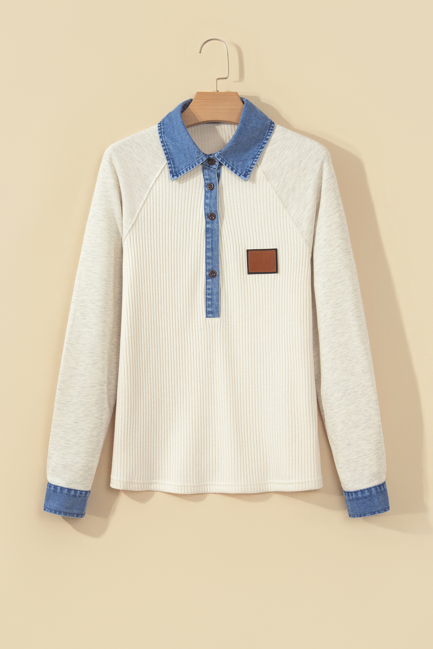 Soft Knit Ribbed Shirt, Denim Button Collar Casual Women - Detail View 6