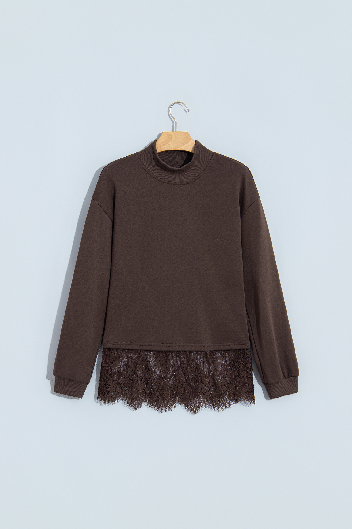 Mock Neck Pullover Sweatshirt, Lace Trim Casual Top - Detail View 2