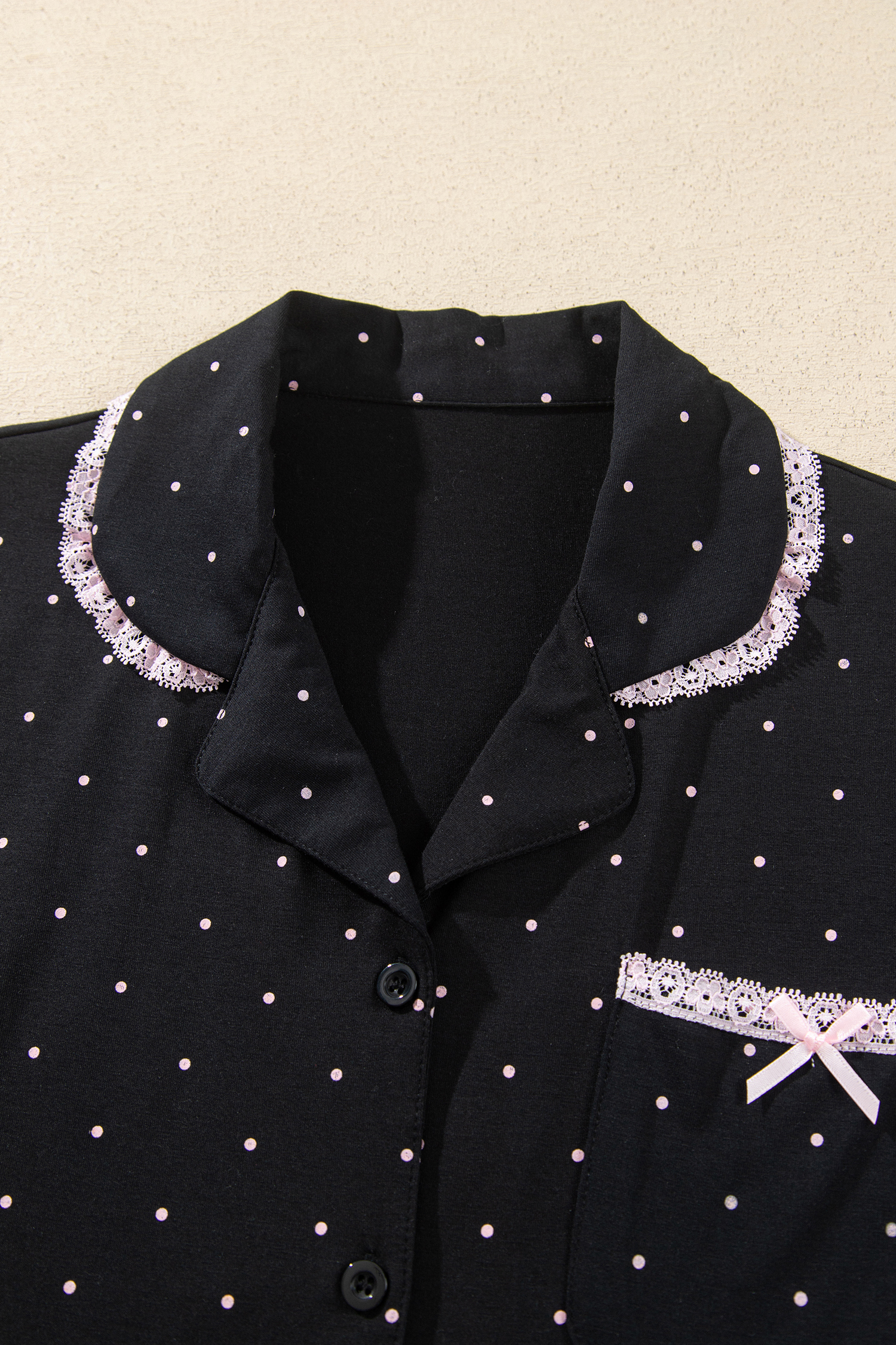 Women's Polka Dot Pajama Set, Long Sleeve Lace Sleepwear - Detail View 7