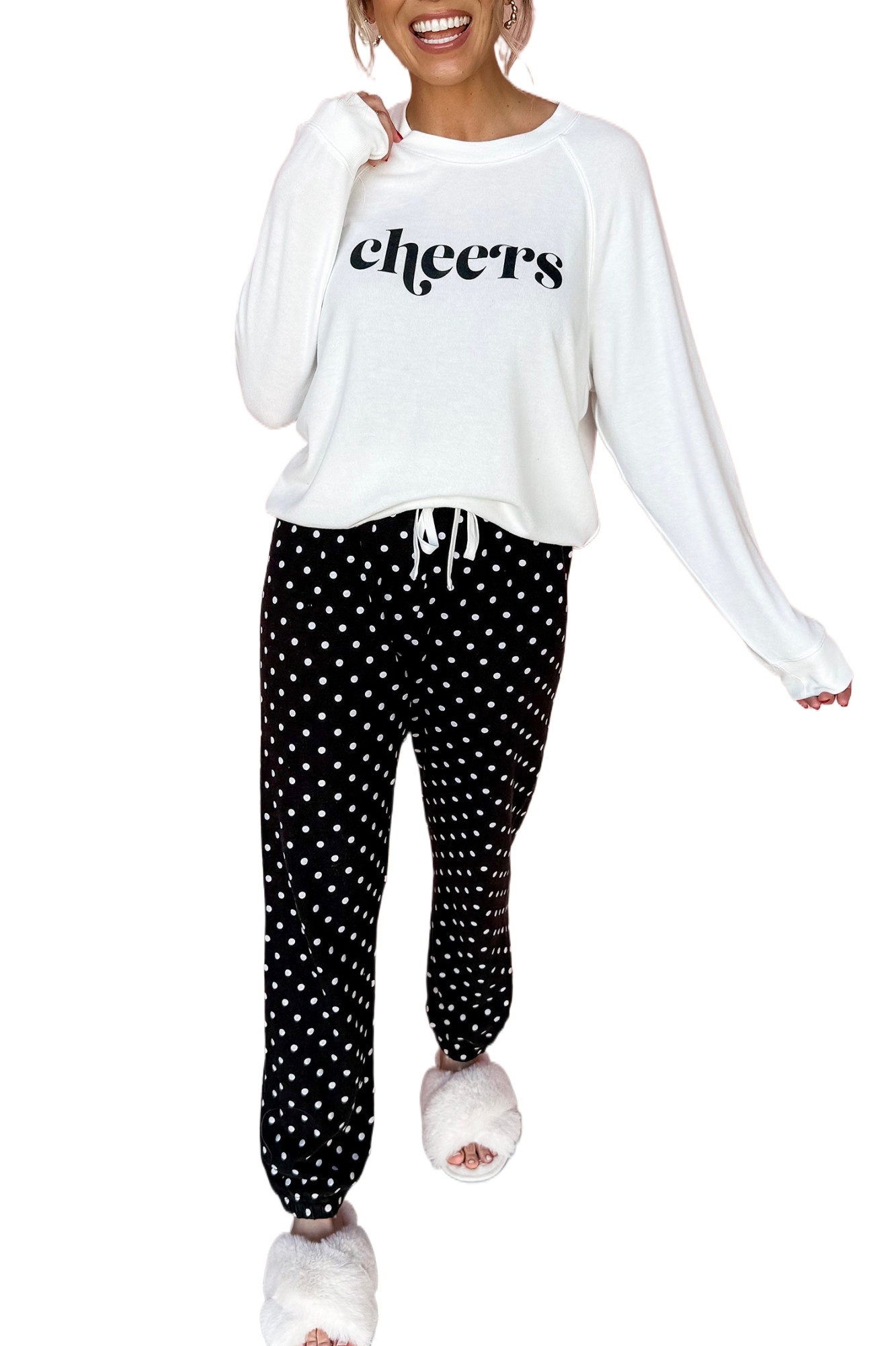 Graphic Cheers Pajama Set, Polka Dot Women's Loungewear - Main View