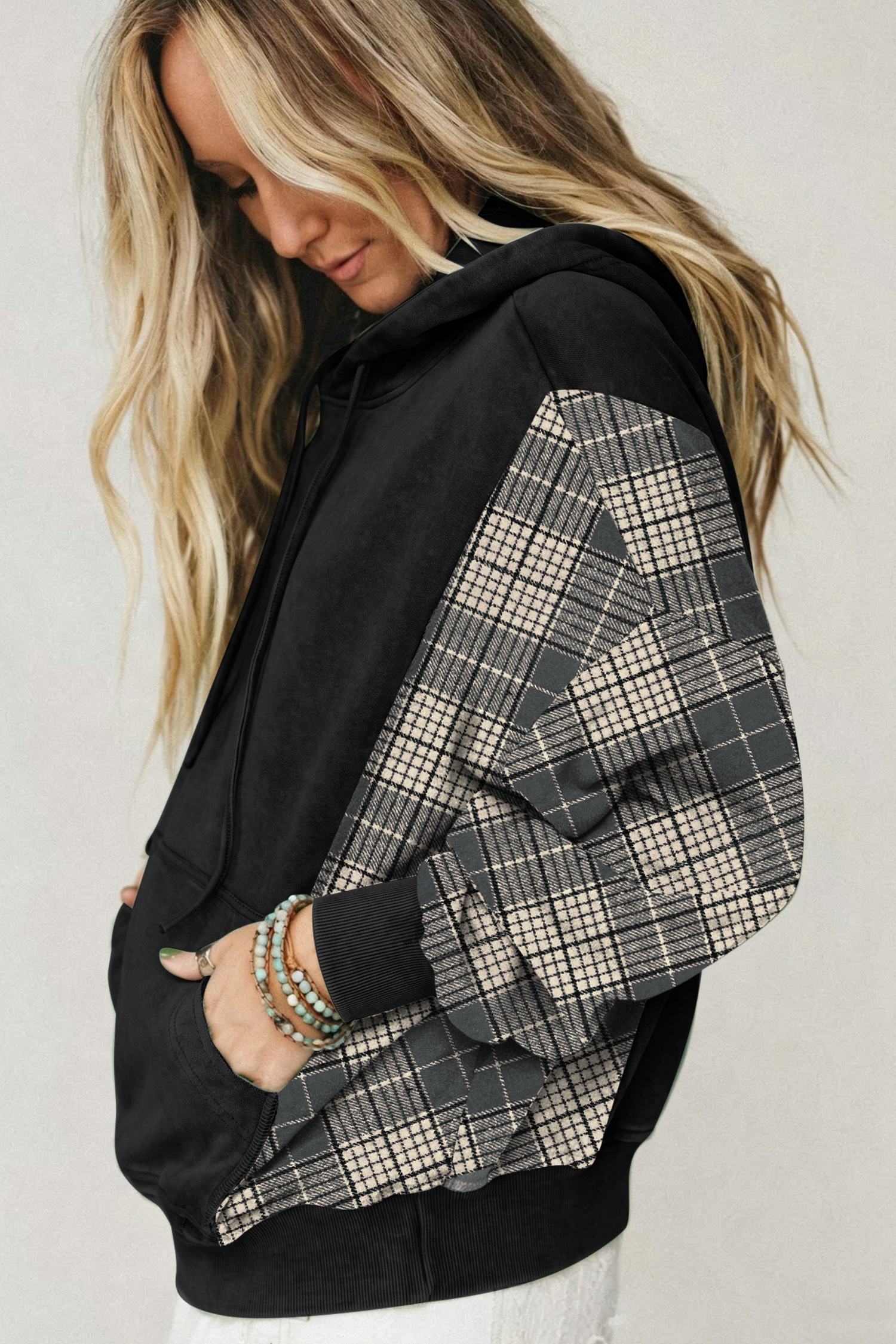 Cotton Plaid Sleeve Hooded Sweatshirt, Women's Casual - Detail View 3