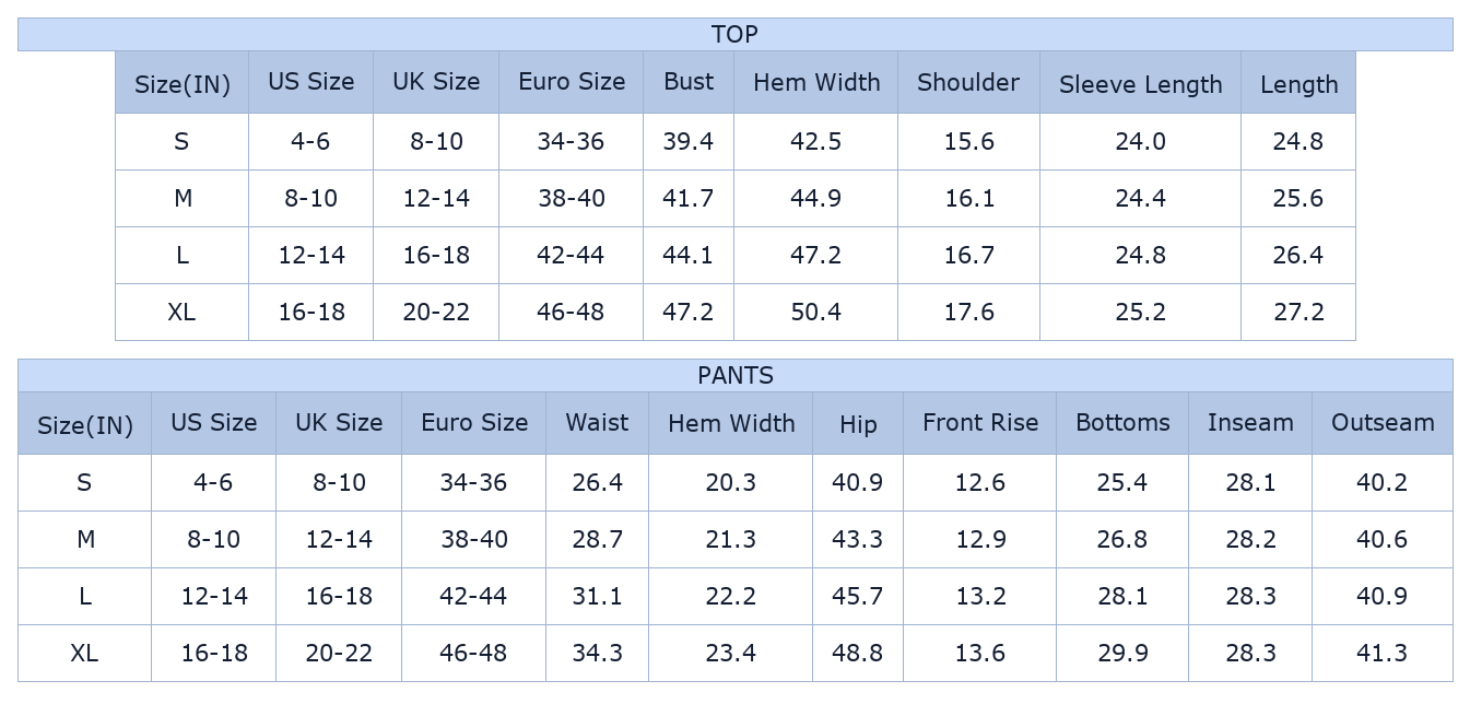 Women's Christmas Pajama Set, Long Sleeve Lounge Top Pants - Size Chart & Details