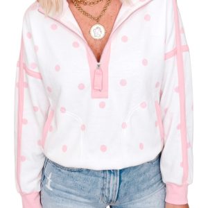 Pink Polka Dot Sweatshirt, Half Zip Relaxed Women's Pullover - Main View