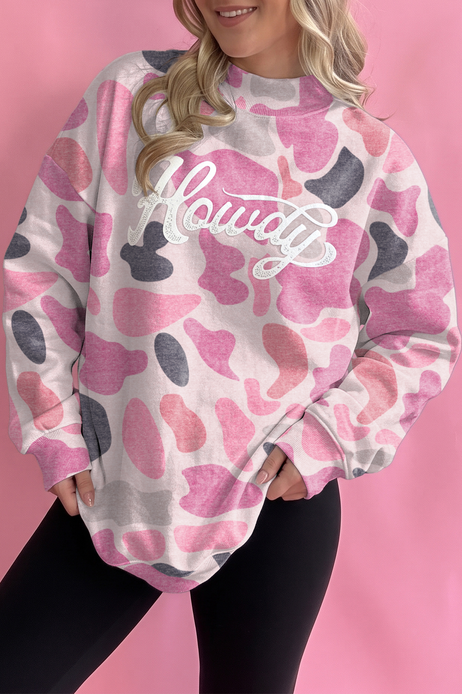 Pink Camouflage Howdy Sweatshirt, Womens Mock Neck - Detail View 2
