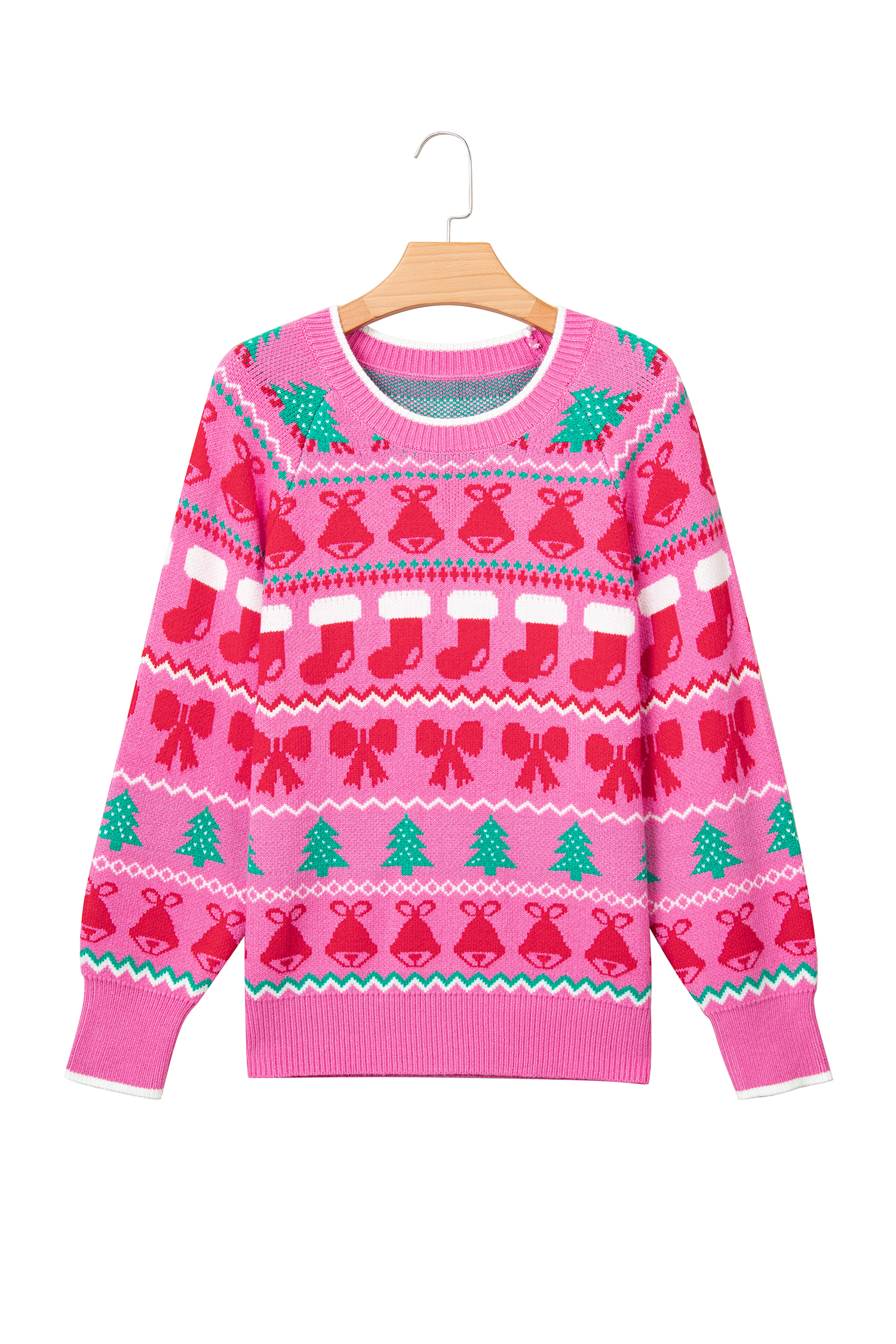 Festive Graphic Christmas Sweater, Pink Crewneck Women Top - Detail View 5