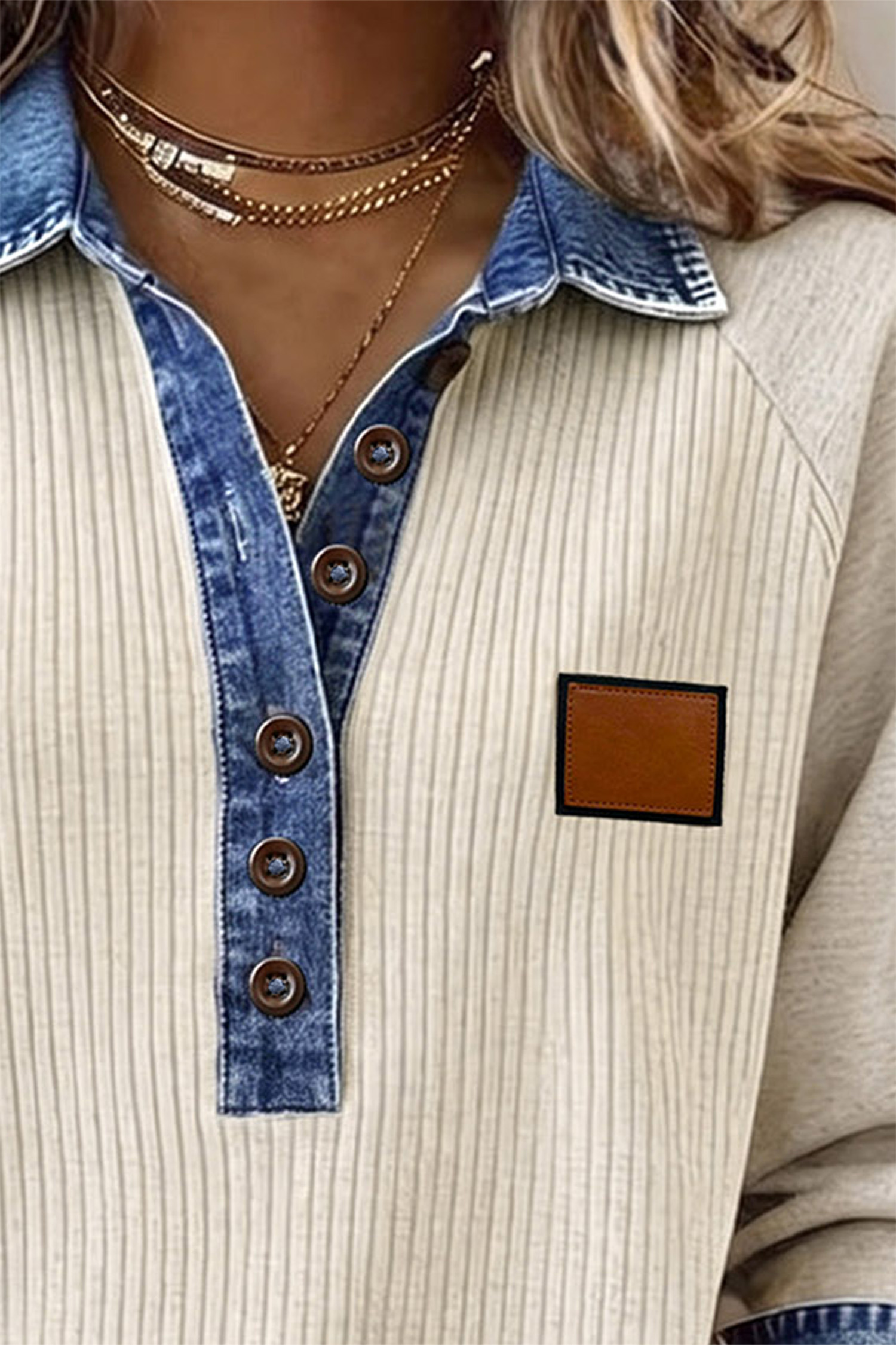 Colorblock Ribbed Henley, Denim Collar Long Sleeve Women - Detail View 5
