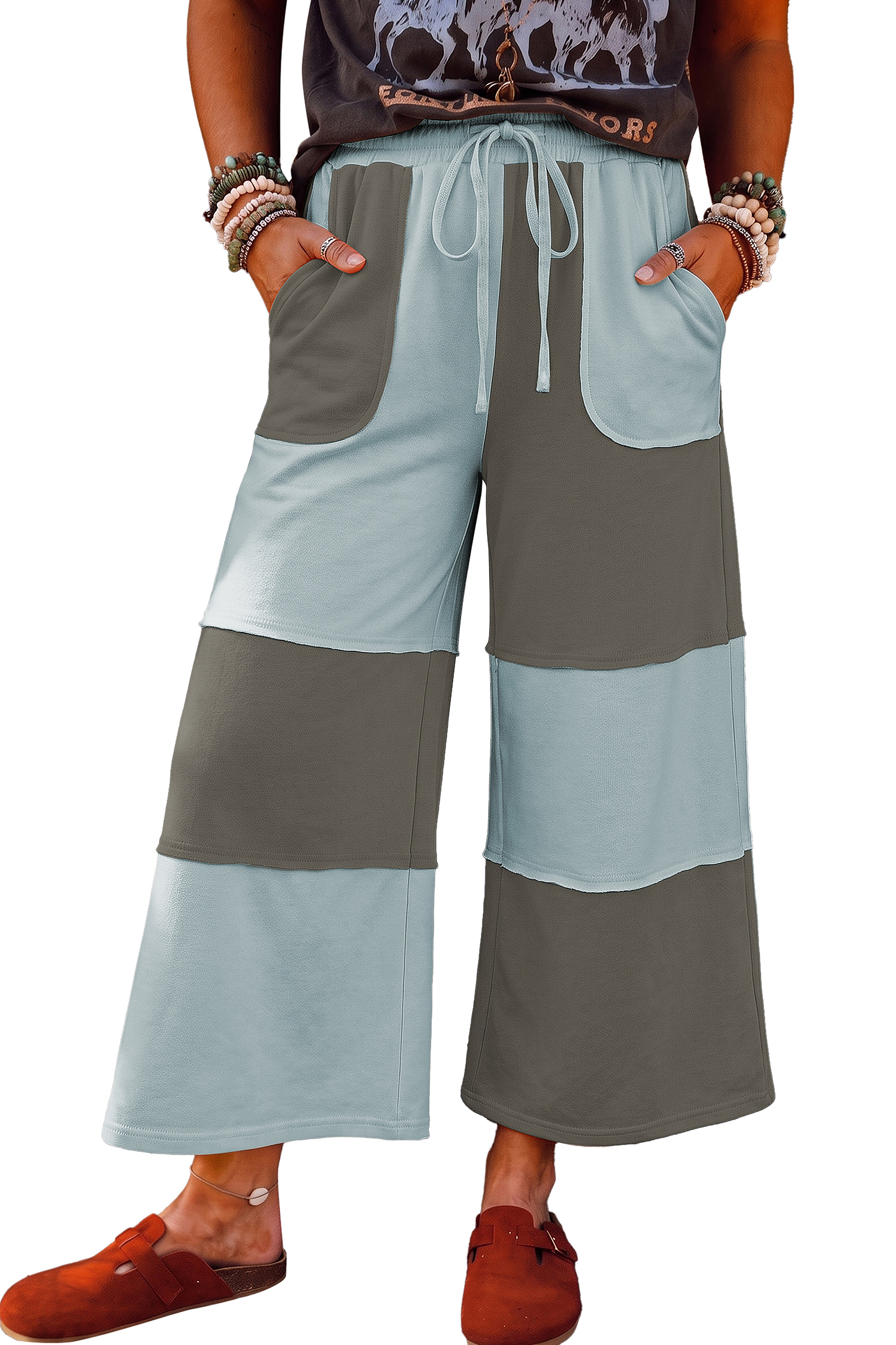 Women's Wide Leg Colorblock Pants, Casual High Waist Ankle - Main View