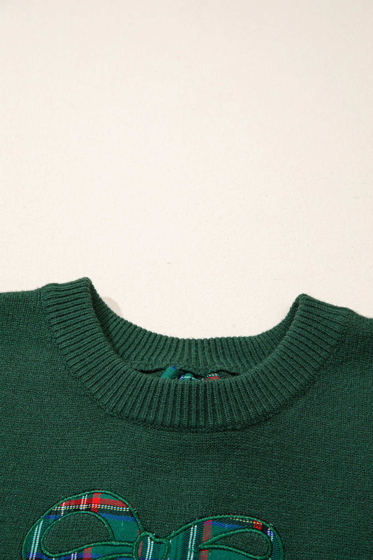 Long Sleeve Round Neck Sweater, Women's Plaid Bow Pullover - Detail View 9
