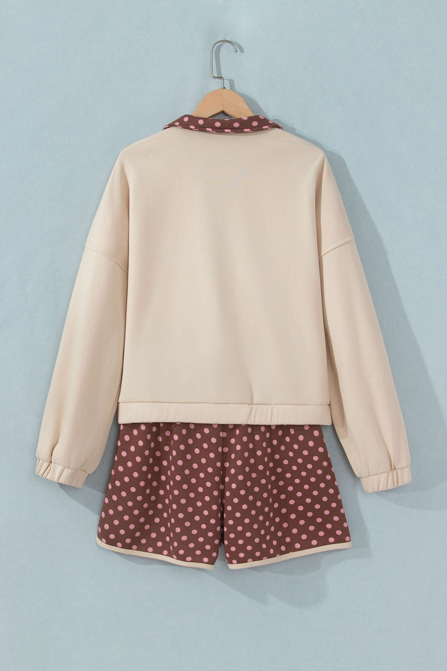 Brown Polka Dot Lounge Set for Women, Long Sleeve 2 Piece - Detail View 5