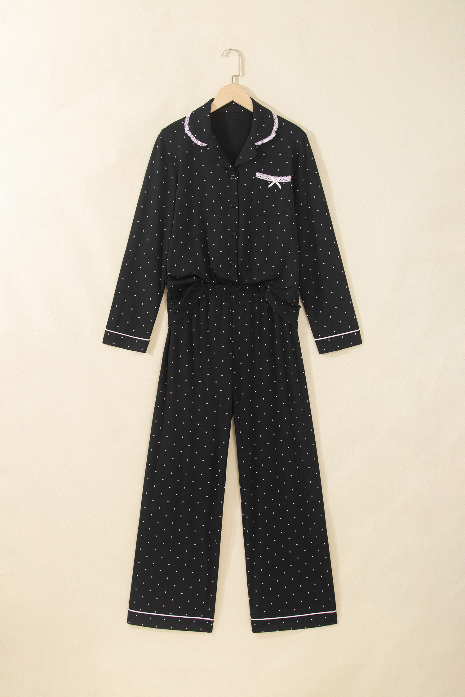 Polka Dot Two Piece Lounge Set, Women's Lace Trim PJ Set - Detail View 5