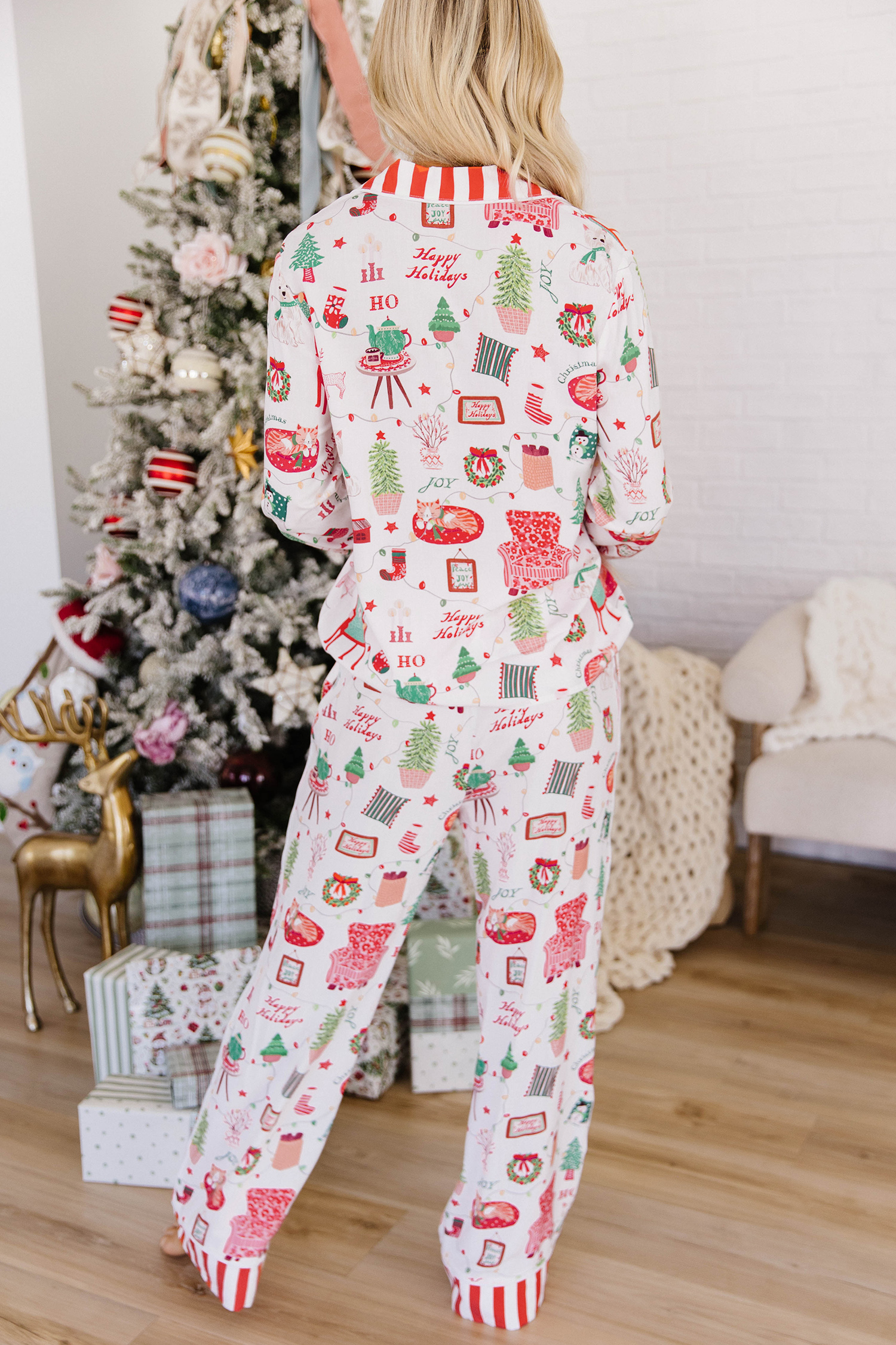 Women's Soft Viscose Lounge Set, Striped Holiday Sleepwear - Detail View 5