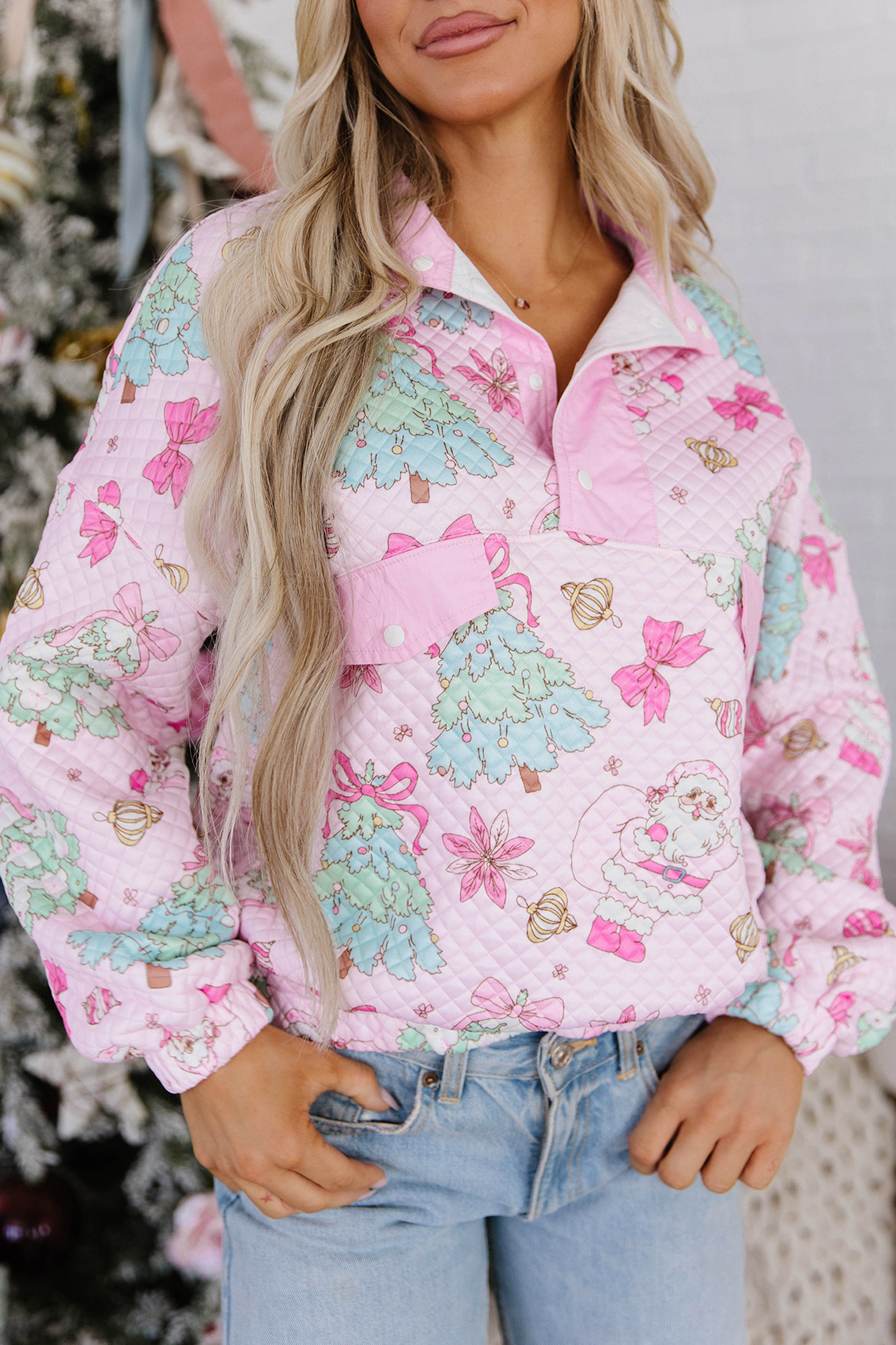 Pink Quilted Women's Sweatshirt, Casual Christmas Pullover - Detail View 10