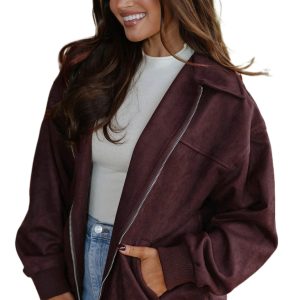 Women's Brown Velvet Jacket, Casual Zip Up Fall Outerwear - Main View