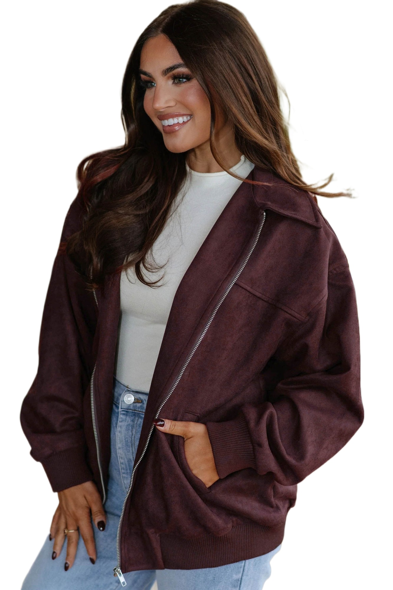 Women's Brown Velvet Jacket, Casual Zip Up Fall Outerwear - Main View