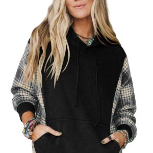 Women's Plaid Sleeve Hoodie, Casual Daily Sweatshirt - Main View