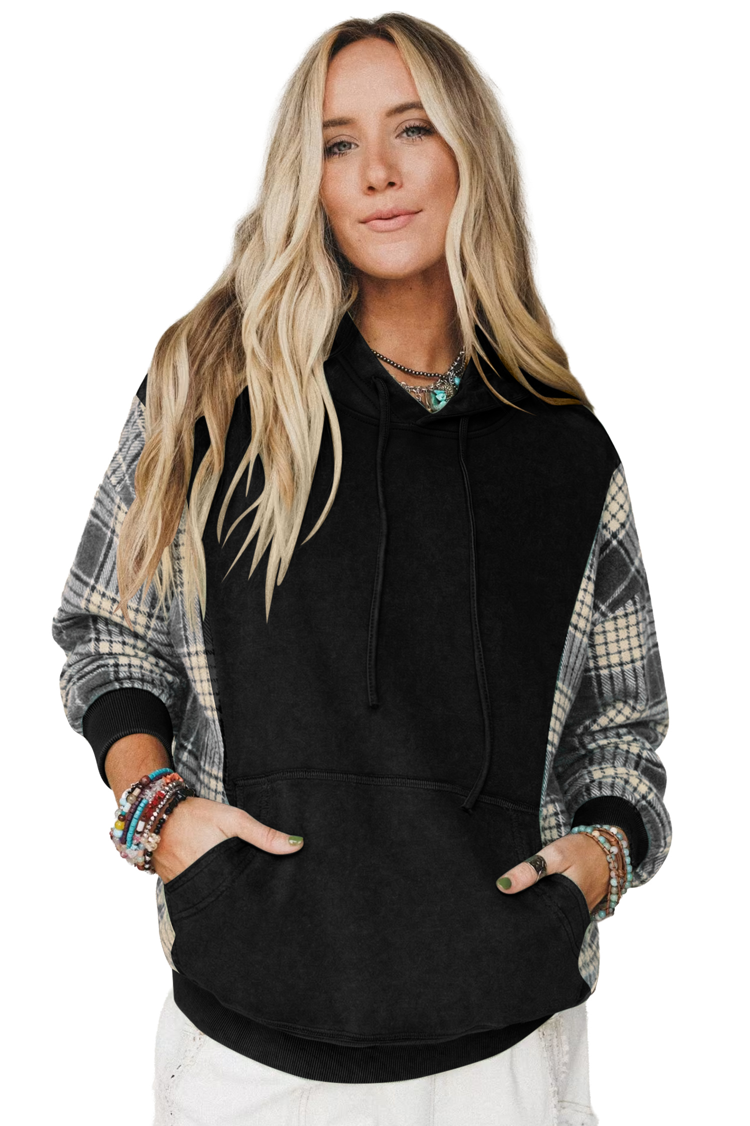 Women's Plaid Sleeve Hoodie, Casual Daily Sweatshirt - Main View