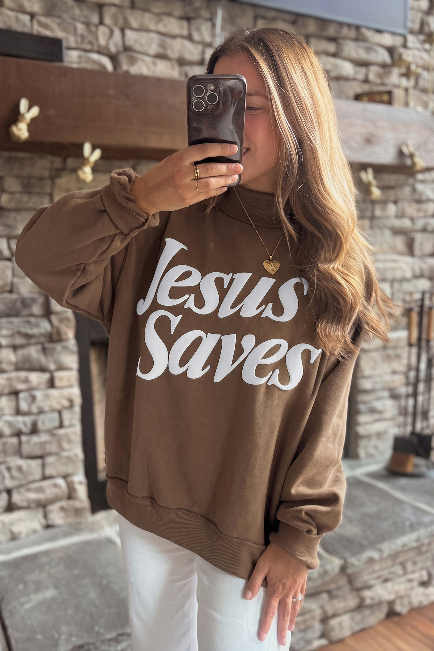 Jesus Saves Slogan Sweatshirt, Women's Fall Stand Neck Top - Detail View 2