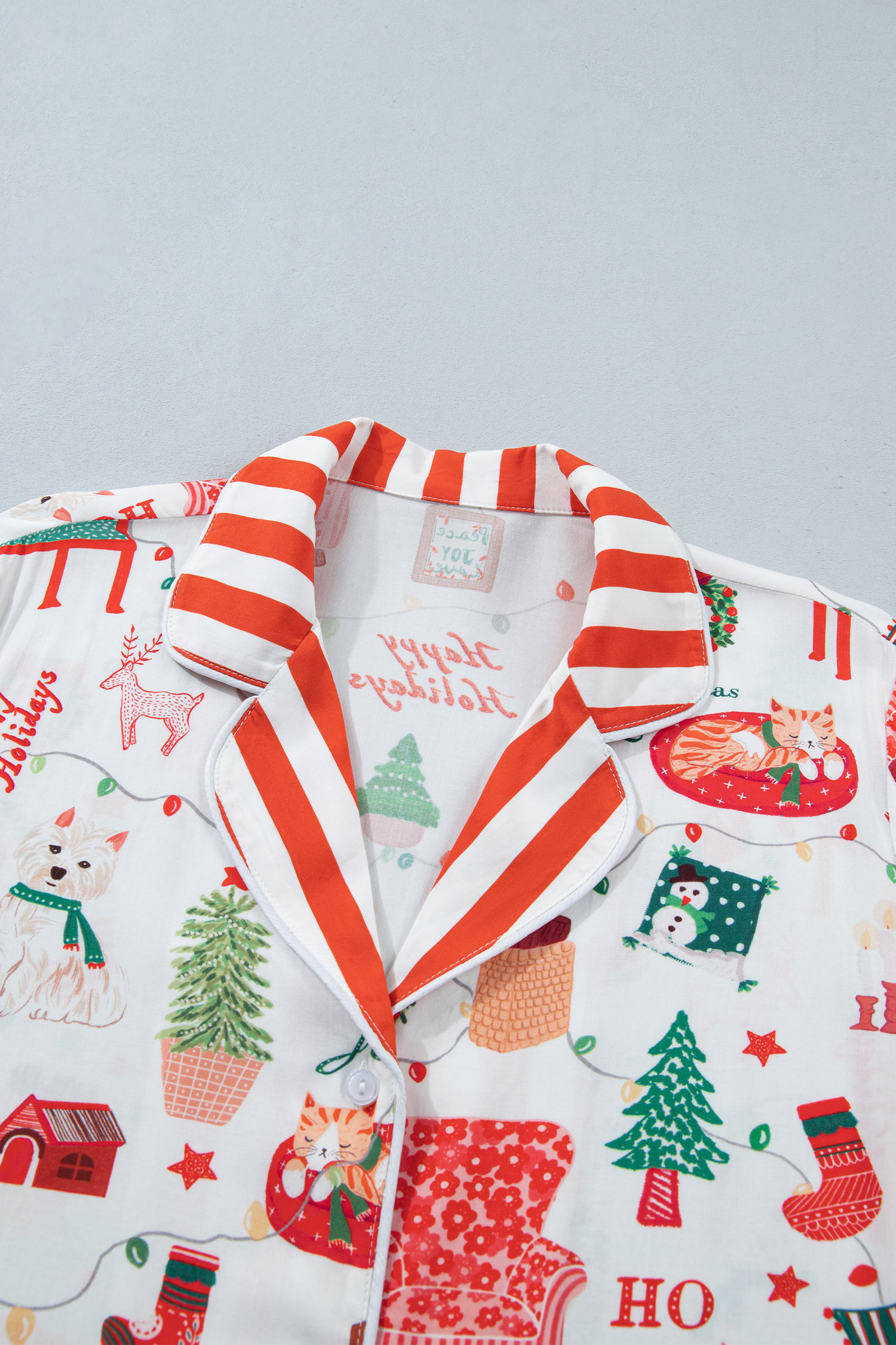 Women's White Holiday Print PJs, Casual Two Piece Set - Detail View 9