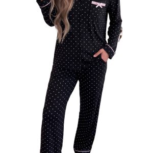 Women's Polka Dot Pajama Set, Long Sleeve Lace Sleepwear - Main View