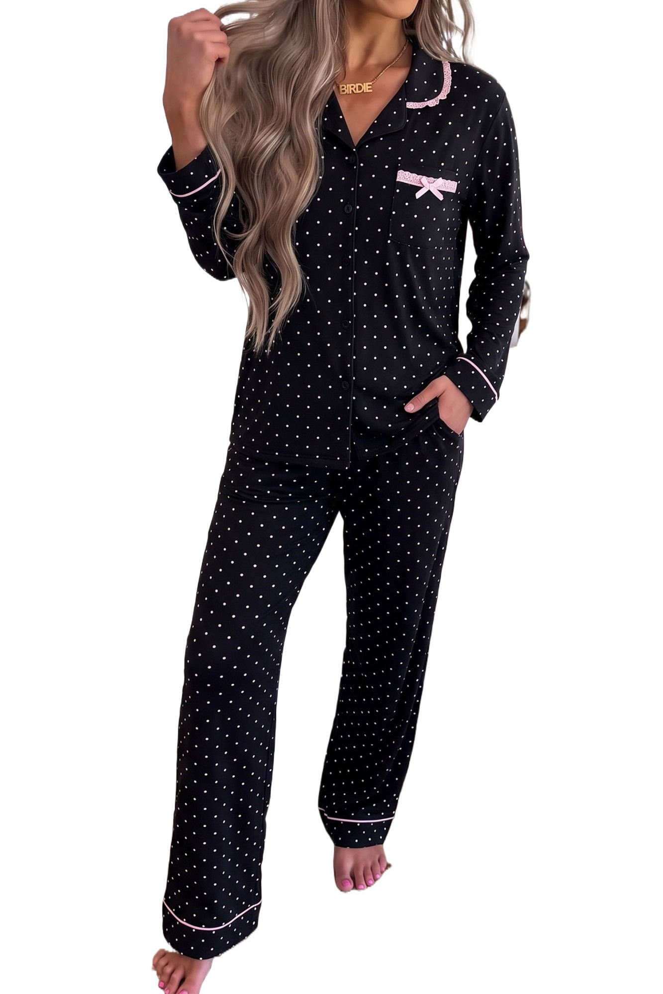 Women's Polka Dot Pajama Set, Long Sleeve Lace Sleepwear - Main View