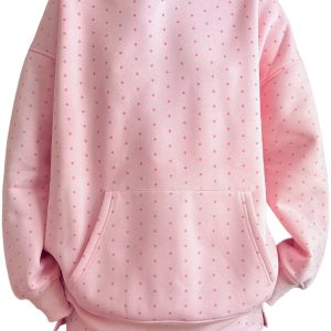 Women's Pink Polka Dot Hoodie Set, Casual Two Piece Outfit - Main View