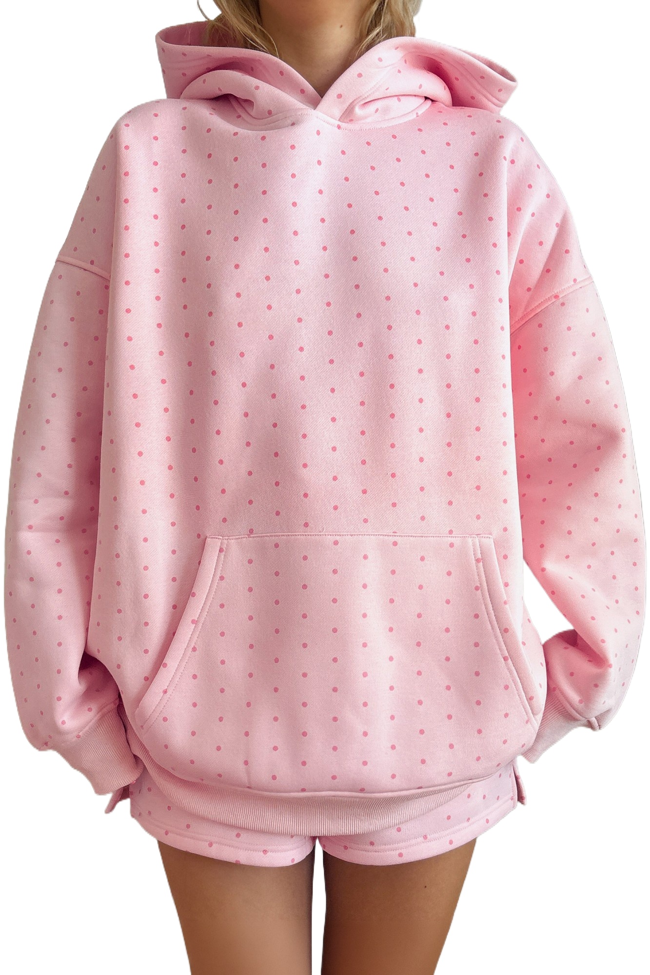 Women's Pink Polka Dot Hoodie Set, Casual Two Piece Outfit - Main View