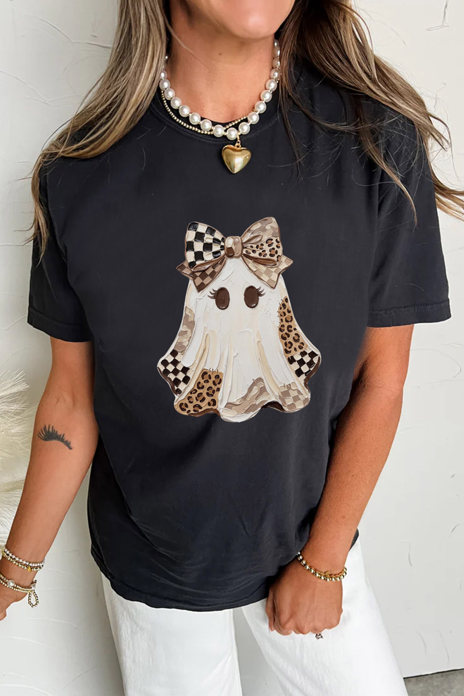 Women's Leopard Checkered Ghost Shirt, Trendy Halloween Tee - Detail View 2