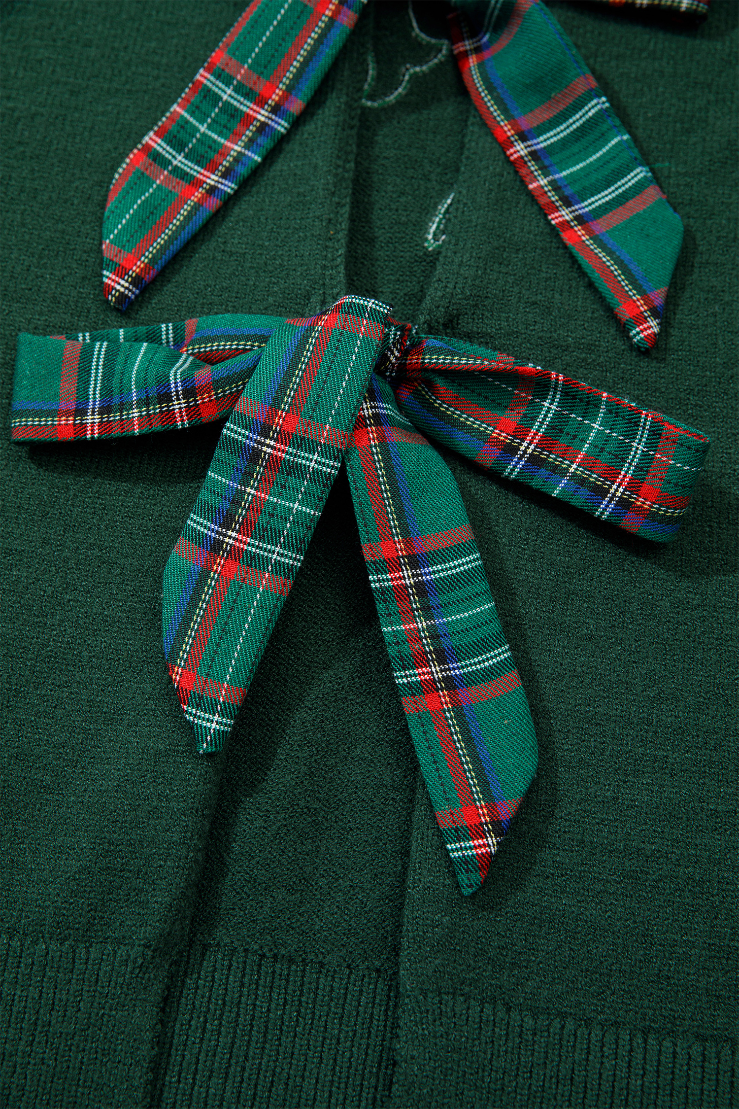 Long Sleeve Round Neck Sweater, Women's Plaid Bow Pullover - Detail View 15