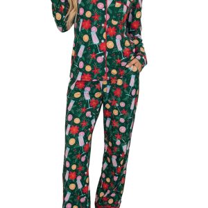 Women's Green Holiday Pajama Set, Long Sleeve Lounge Set - Main View