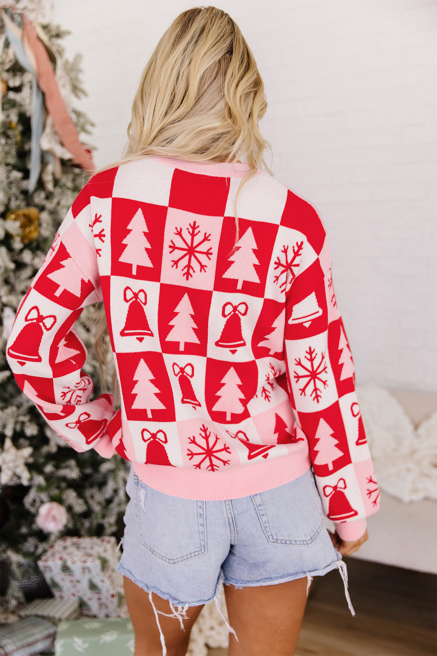 Women's Plaid Knit Sweater, Festive Pink Holiday Pullover - Detail View 2
