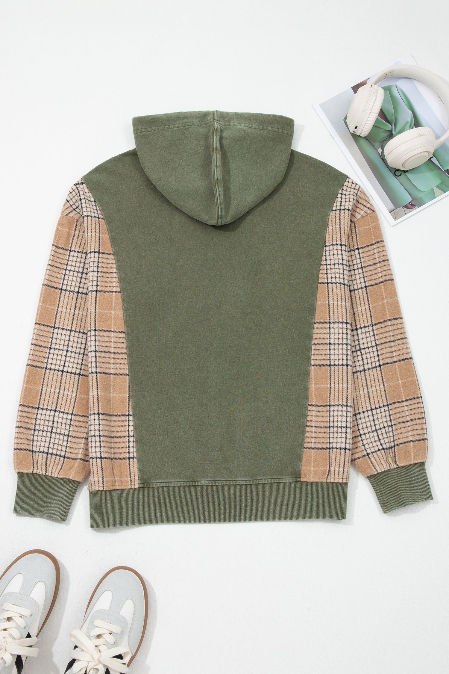 Women's Cotton Hooded Sweatshirt, Cozy Plaid Sleeve Top - Detail View 6