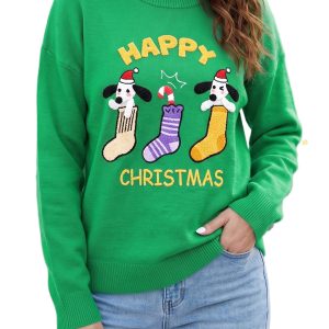 Green Christmas Pullover Sweater, Casual Women Round Neck - Main View