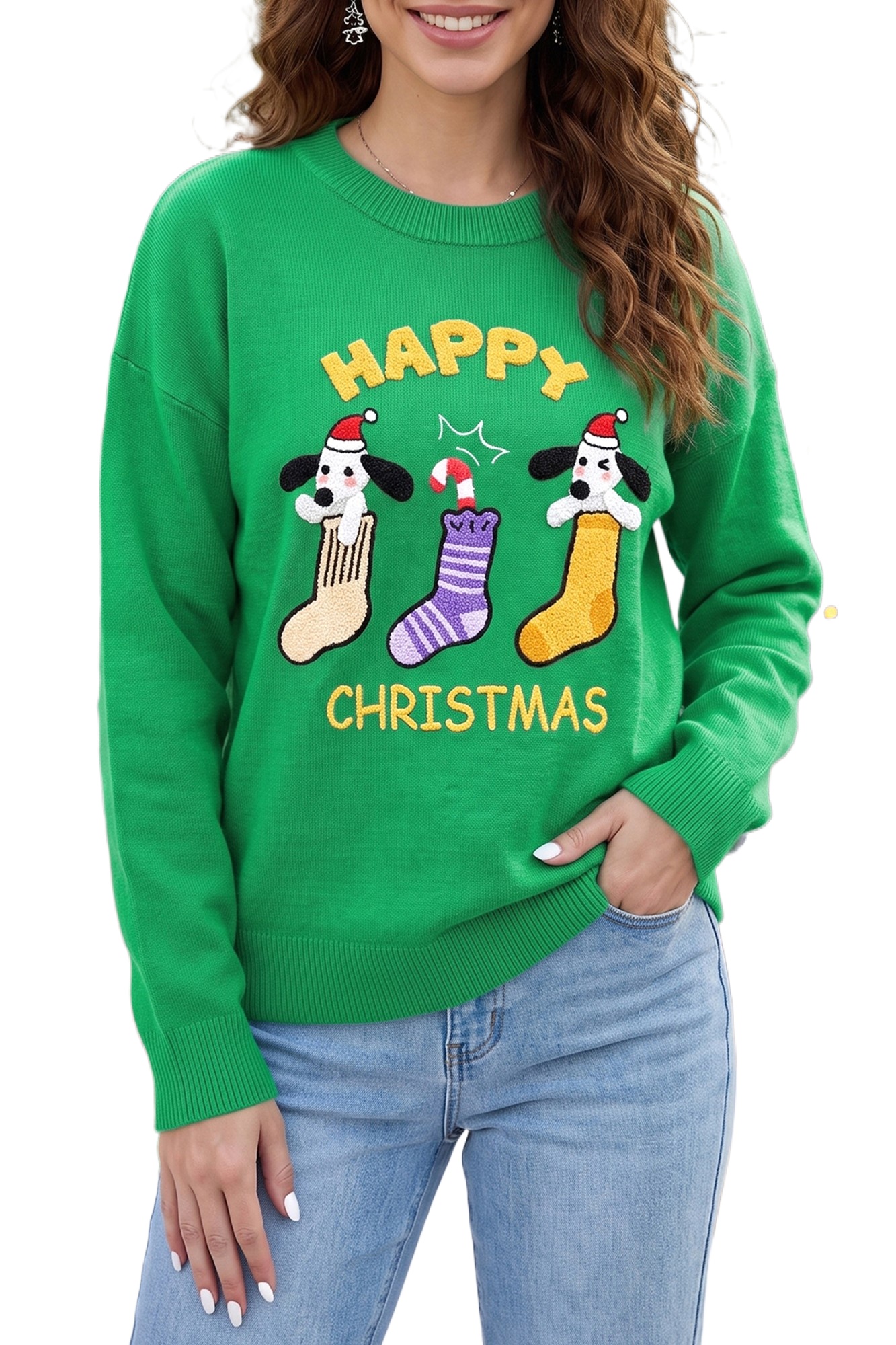 Green Christmas Pullover Sweater, Casual Women Round Neck - Main View