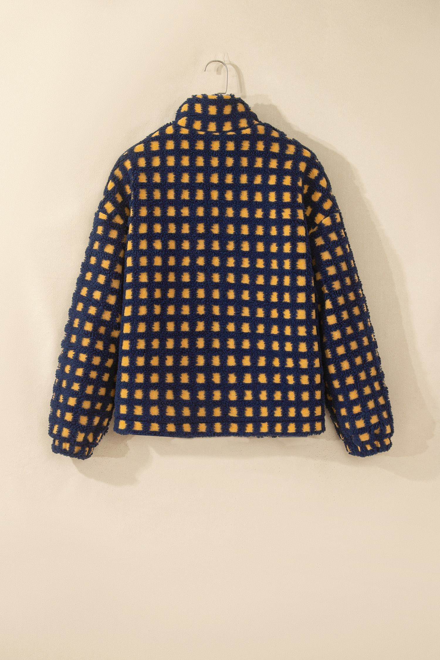 Blue Plaid Stand Neck Sherpa Jacket, Trendy Zip Outerwear - Detail View 2