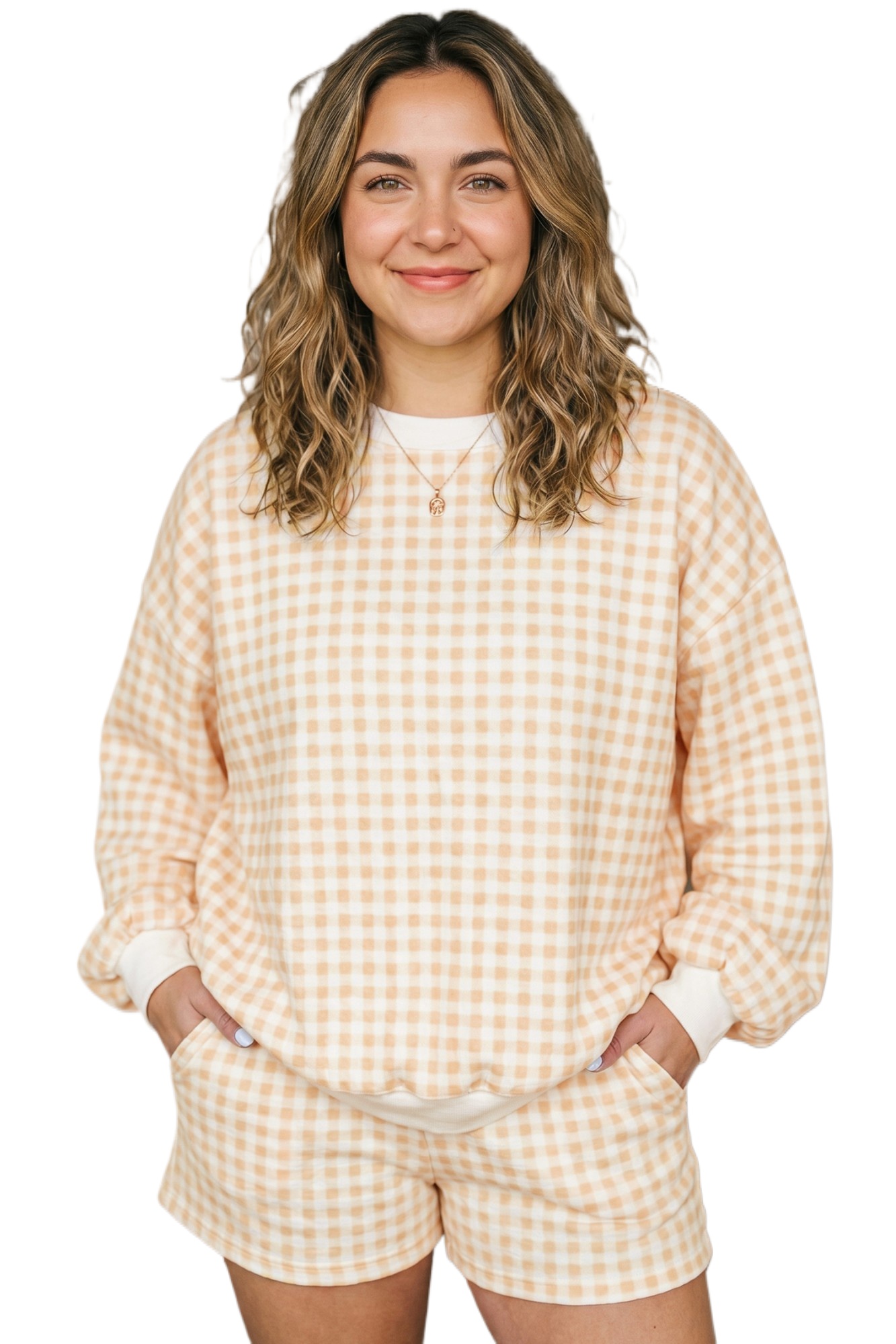 Women's Plaid Pullover Shorts Set, Casual Daily Loungewear - Main View