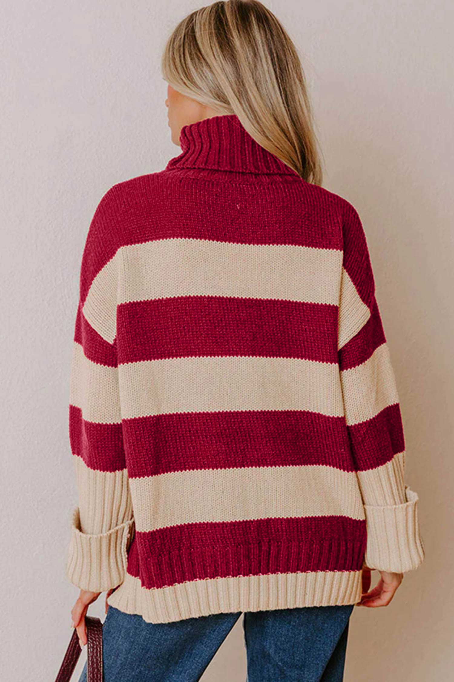 Red Color Block Sweater, Women's Striped Casual Winter Top - Detail View 2
