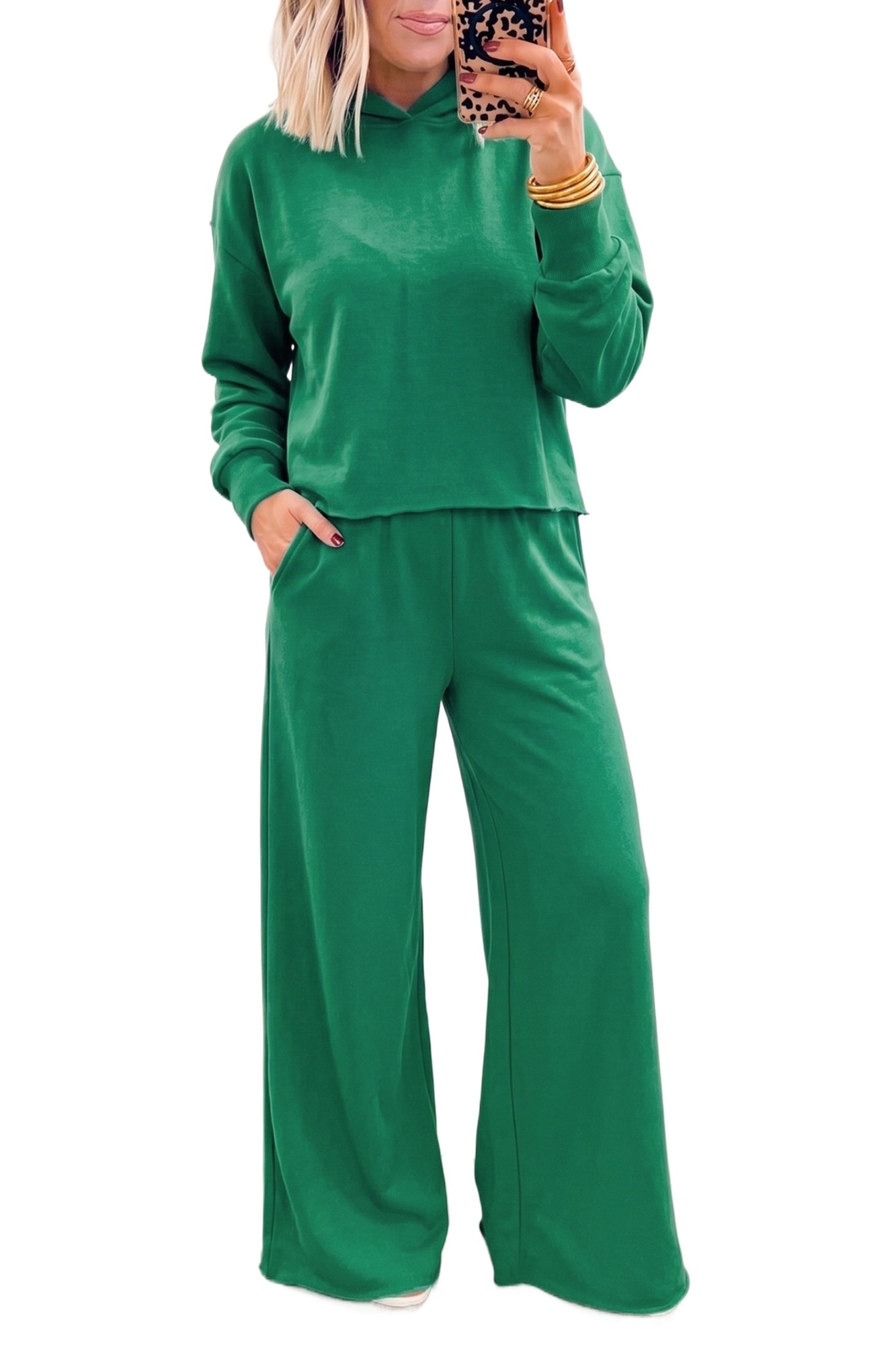 Casual Green Hooded Pant Set, Wide Leg Women Lounge Set - Main View