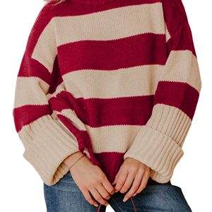 Striped Pullover Sweater, Women's Relaxed High Neck Knit - Main View