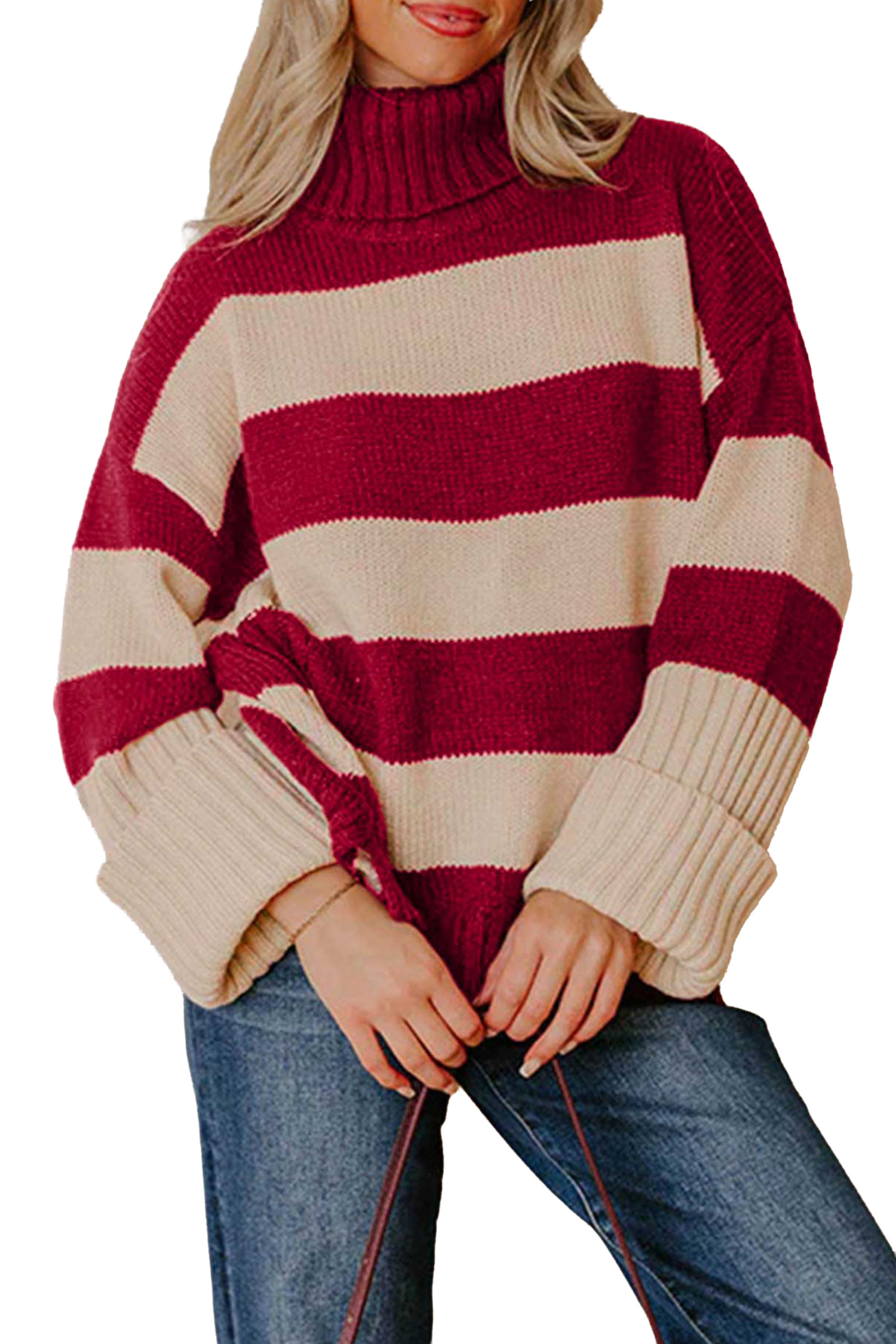 Striped Pullover Sweater, Women's Relaxed High Neck Knit - Main View