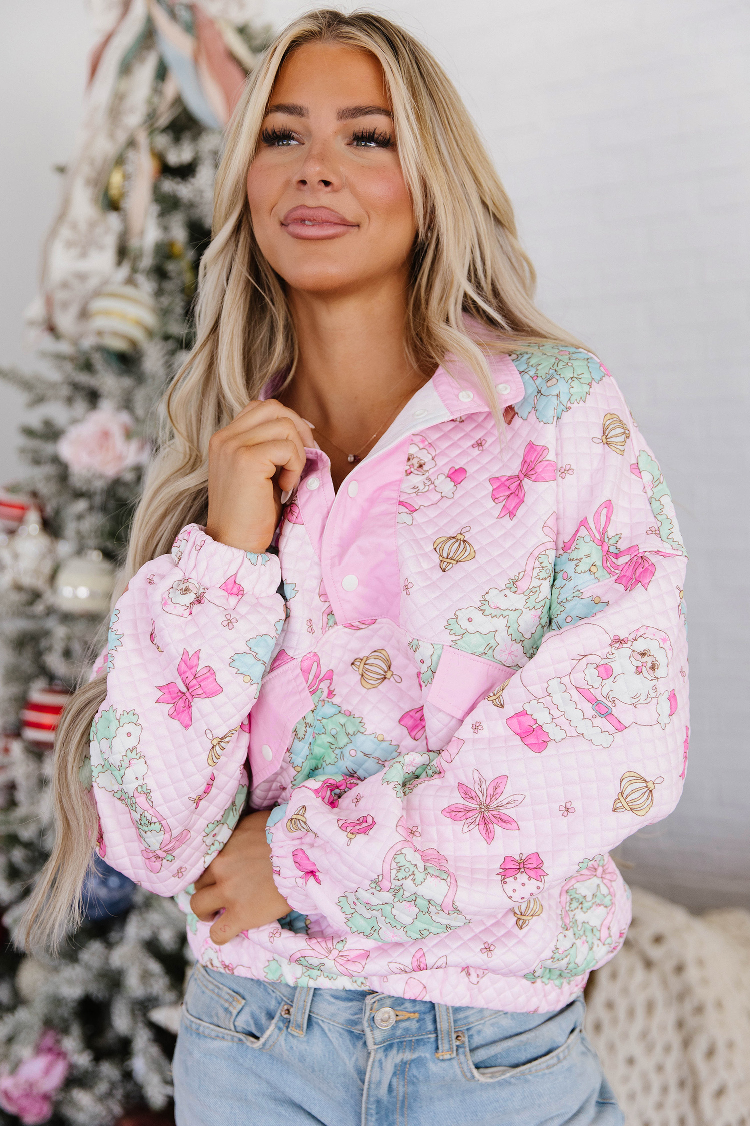 Pink Quilted Women's Sweatshirt, Casual Christmas Pullover - Detail View 7