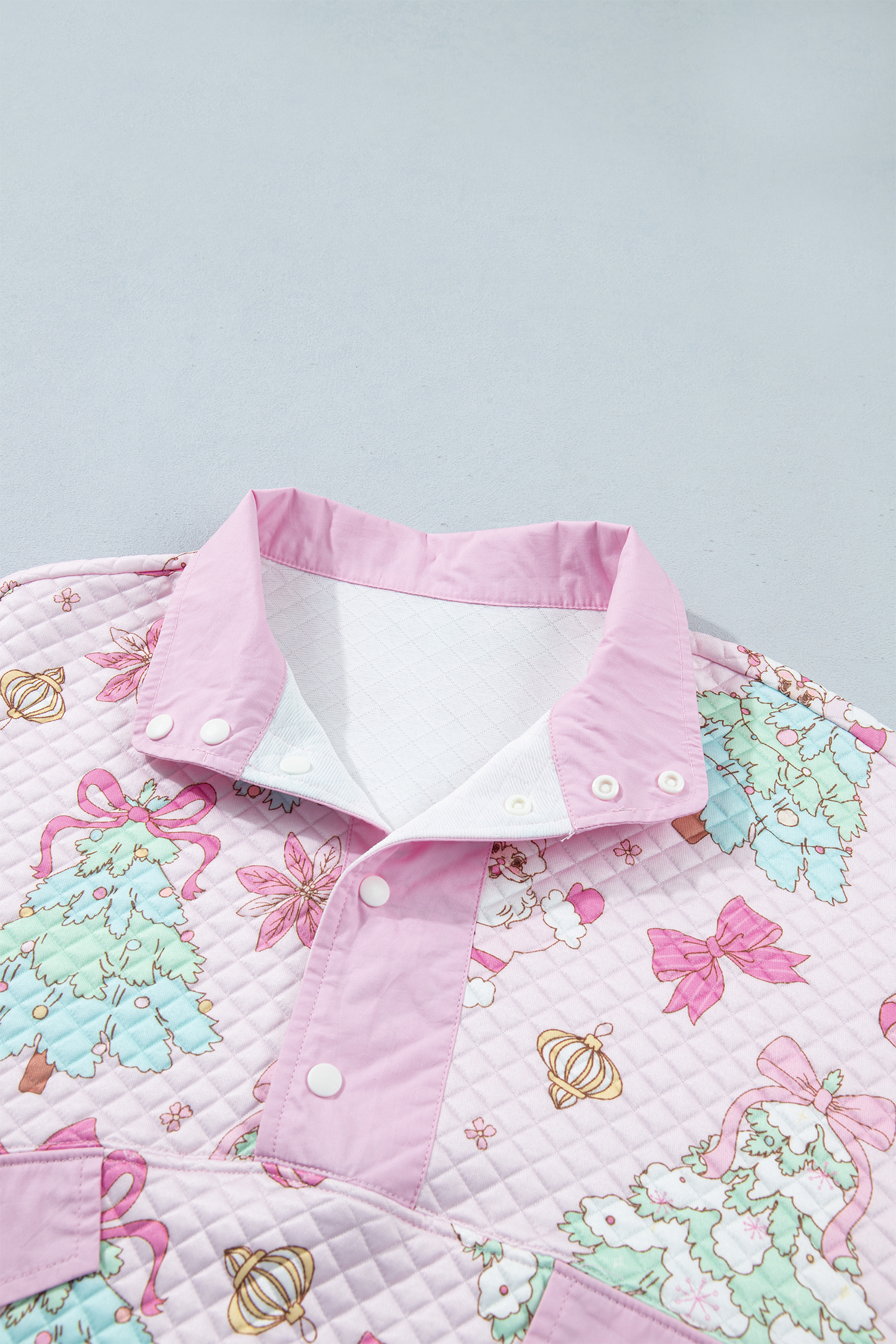 Loose Quilted Women's Sweatshirt, Pink Festive Button Top - Detail View 15