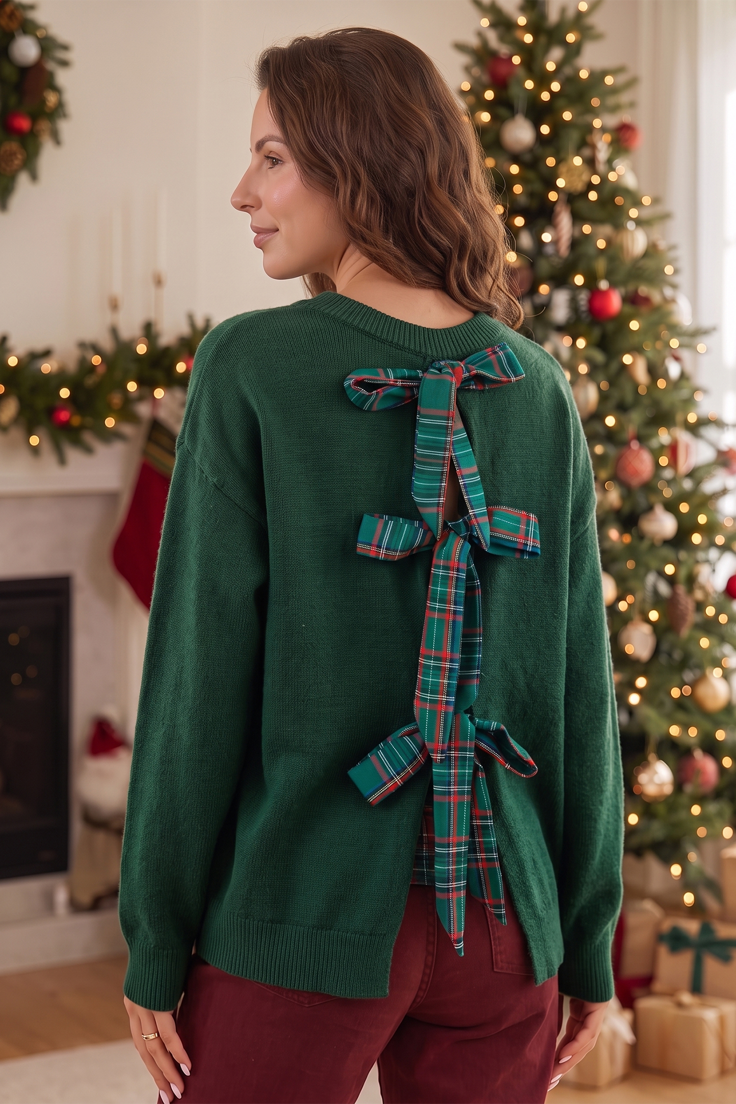 Plaid Bow Back Sweater, Women's Drop Shoulder Green Top - Detail View 2