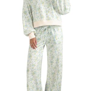 Floral Sky Blue Pants Set, Casual Daily Long Sleeve Lounge - Main View
