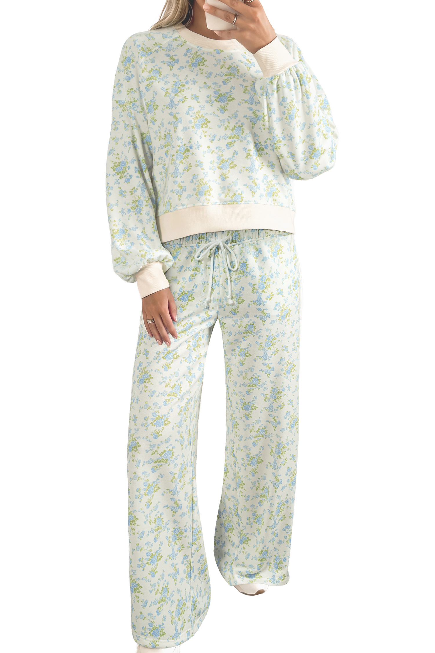 Floral Sky Blue Pants Set, Casual Daily Long Sleeve Lounge - Main View